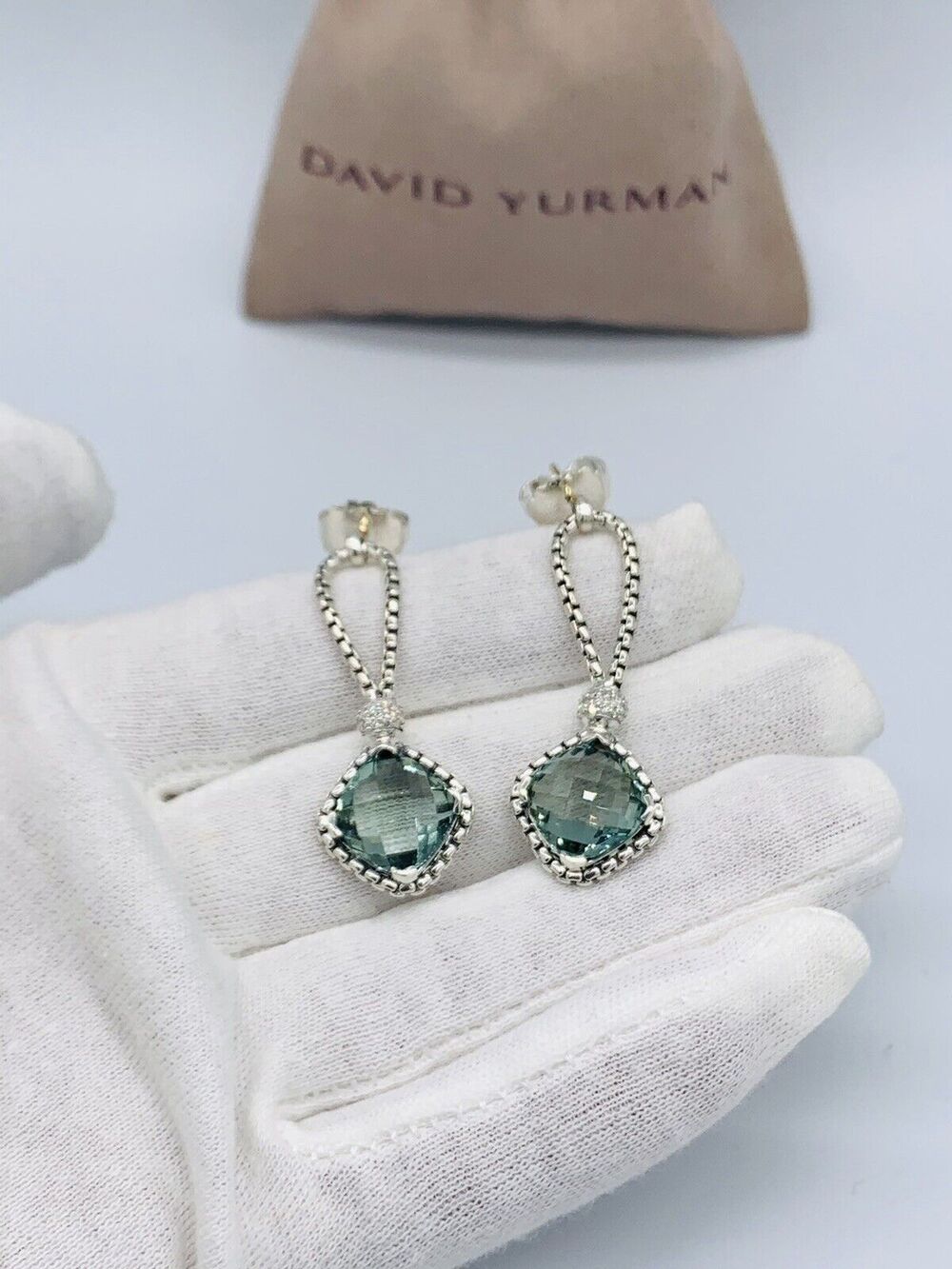 David Yurman Cushion On Point Earrings With Prasiolite And Diamonds